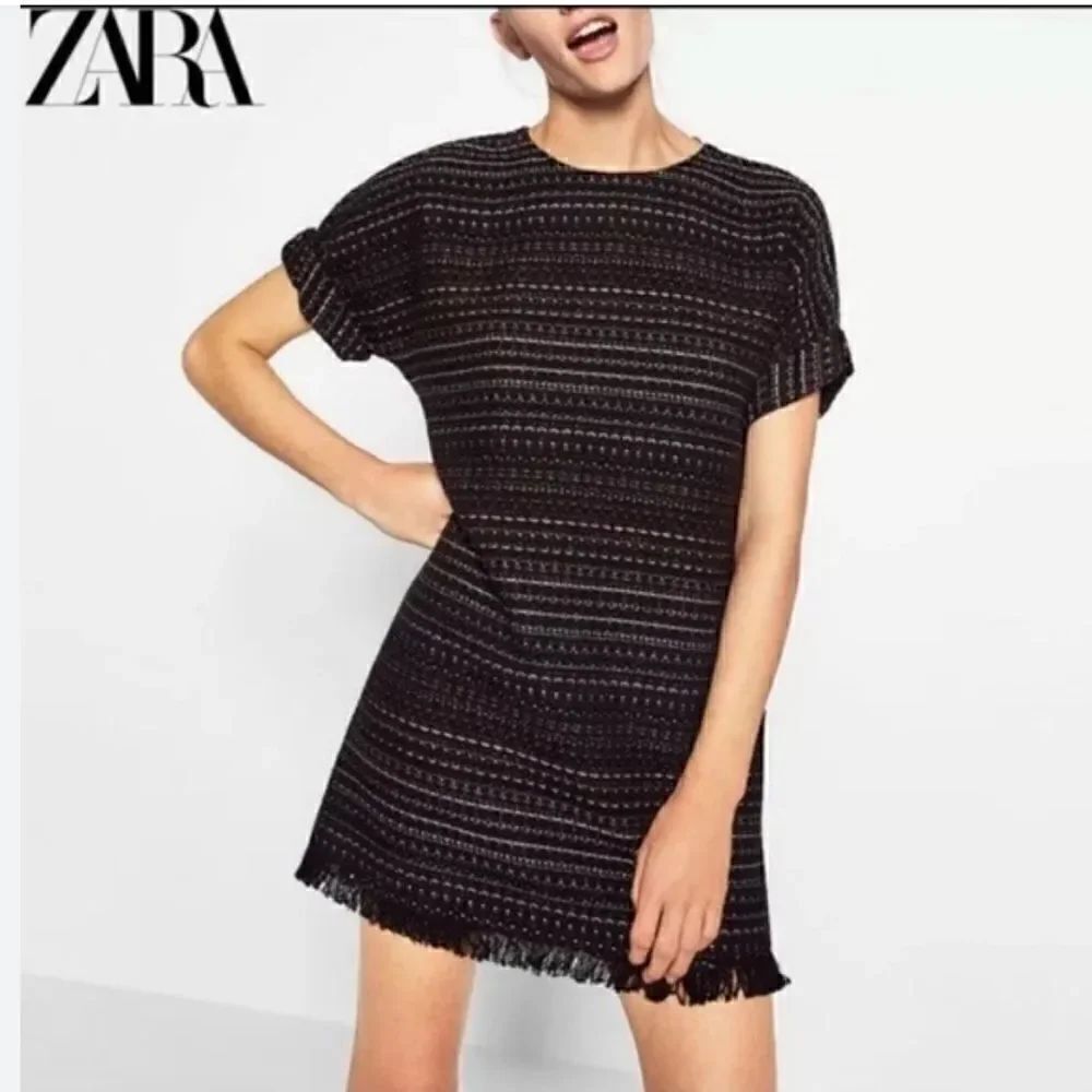 Zara Trafauc Black Colorful Chunky Tweed Fringe Mini Dress